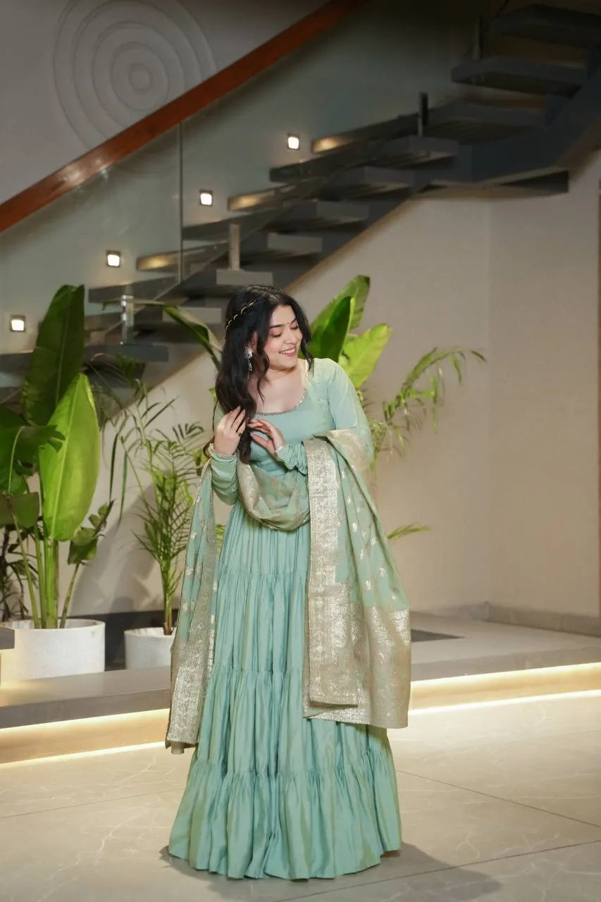 Womenline Pista Color Pure Roman Silk Ruffle Style Anarkali Suit