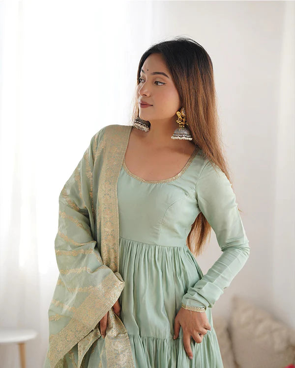 Womenline Pista Color Pure Roman Silk Ruffle Style Anarkali Suit