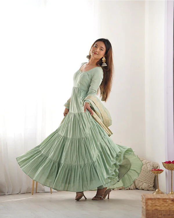 Womenline Pista Color Pure Roman Silk Ruffle Style Anarkali Suit