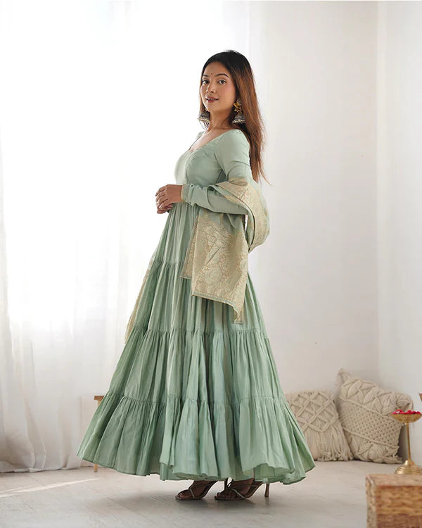 Womenline Pista Color Pure Roman Silk Ruffle Style Anarkali Suit