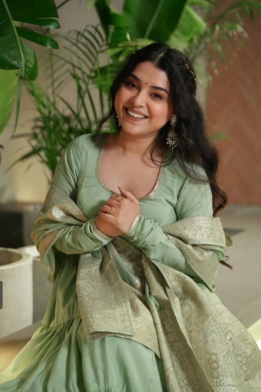 Womenline Pista Color Pure Roman Silk Ruffle Style Anarkali Suit