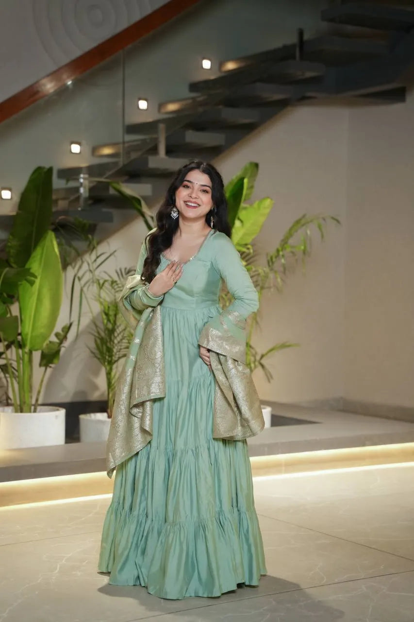 Womenline Pista Color Pure Roman Silk Ruffle Style Anarkali Suit