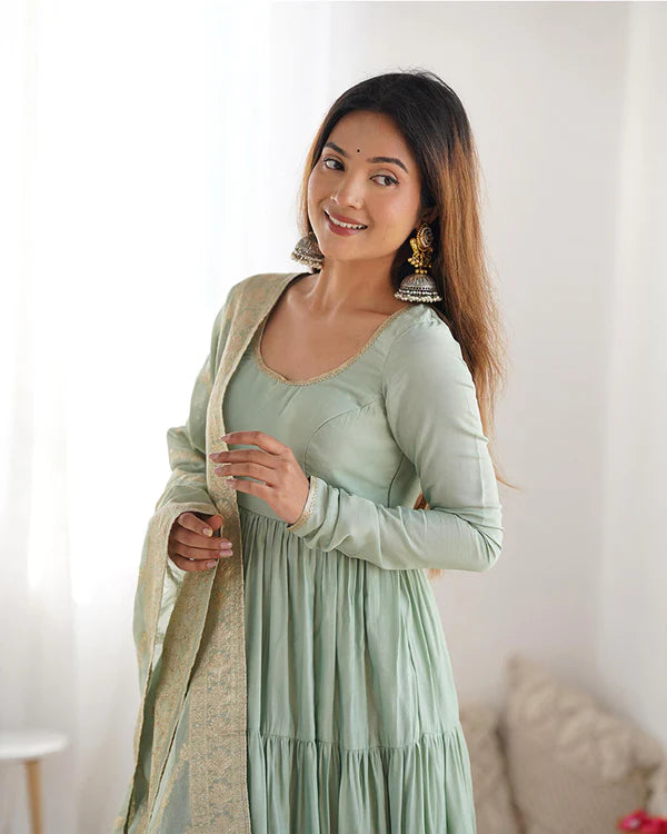 Womenline Pista Color Pure Roman Silk Ruffle Style Anarkali Suit