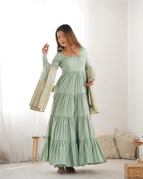 Womenline Pista Color Pure Roman Silk Ruffle Style Anarkali Suit