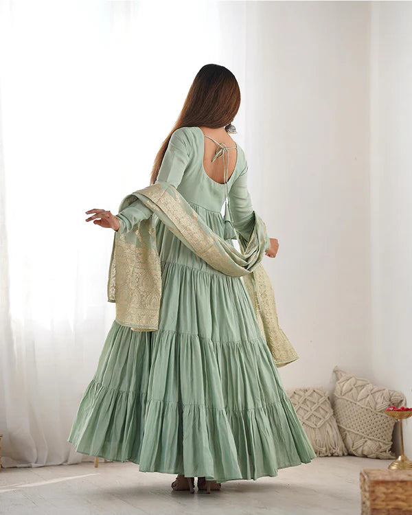 Womenline Pista Color Pure Roman Silk Ruffle Style Anarkali Suit
