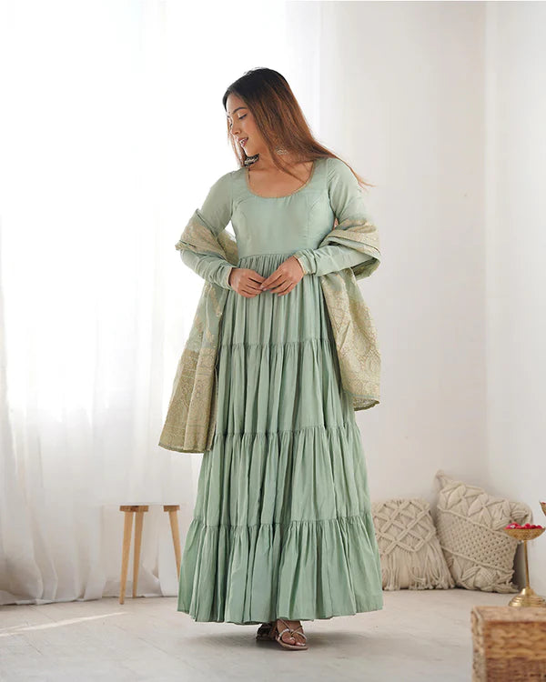 Womenline Pista Color Pure Roman Silk Ruffle Style Anarkali Suit