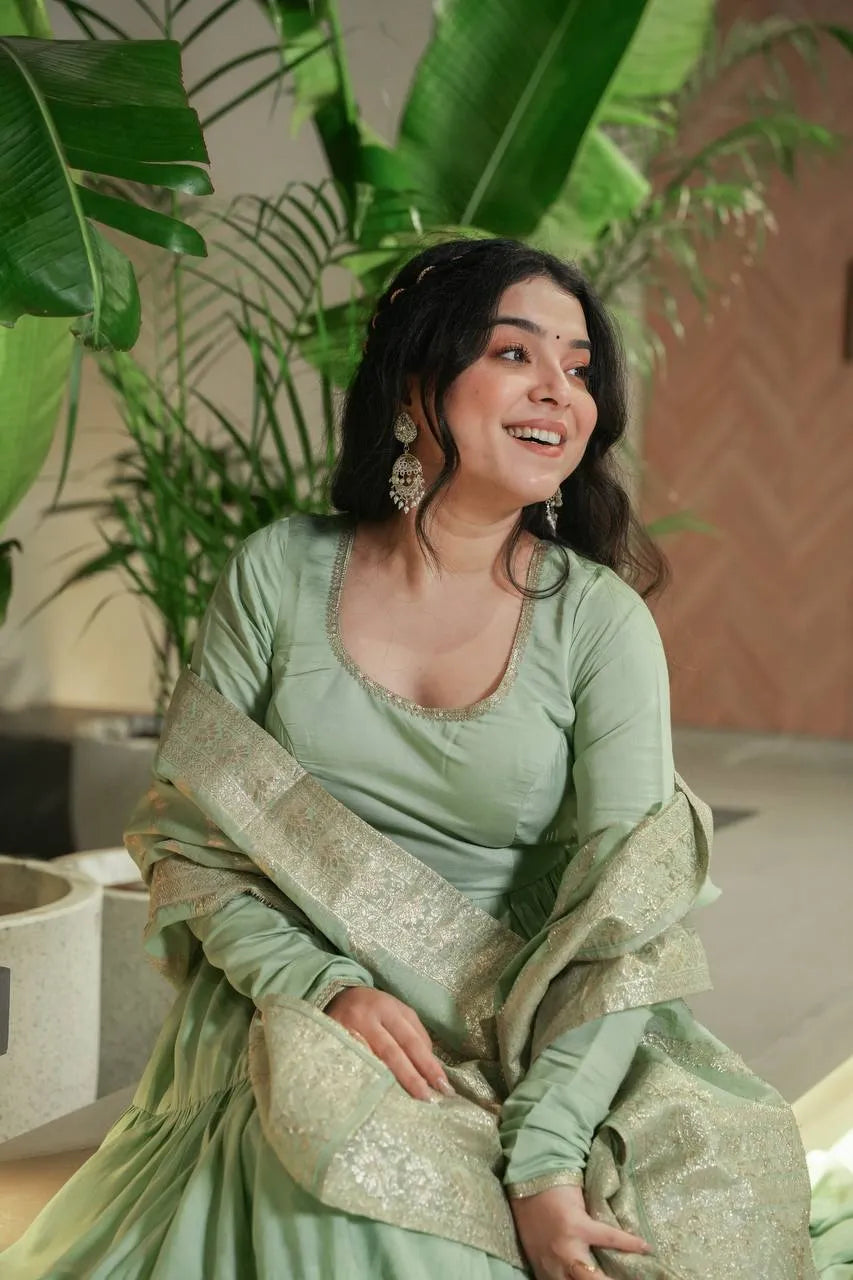 Womenline Pista Color Pure Roman Silk Ruffle Style Anarkali Suit