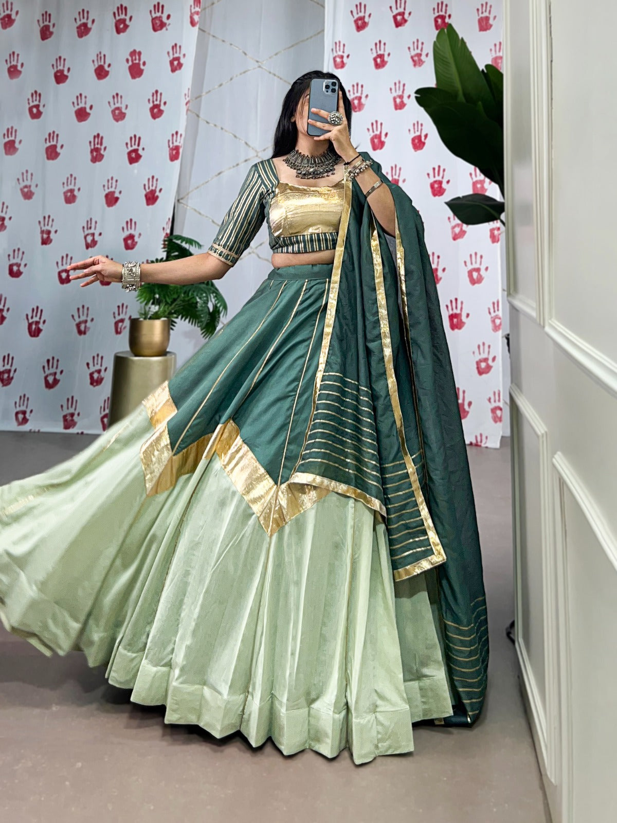 Womenline Pista Green Color Pure Chanderi Navratri Lehenga Choli