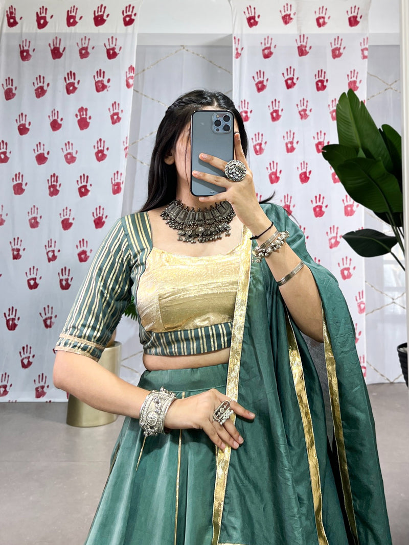 Womenline Pista Green Color Pure Chanderi Navratri Lehenga Choli