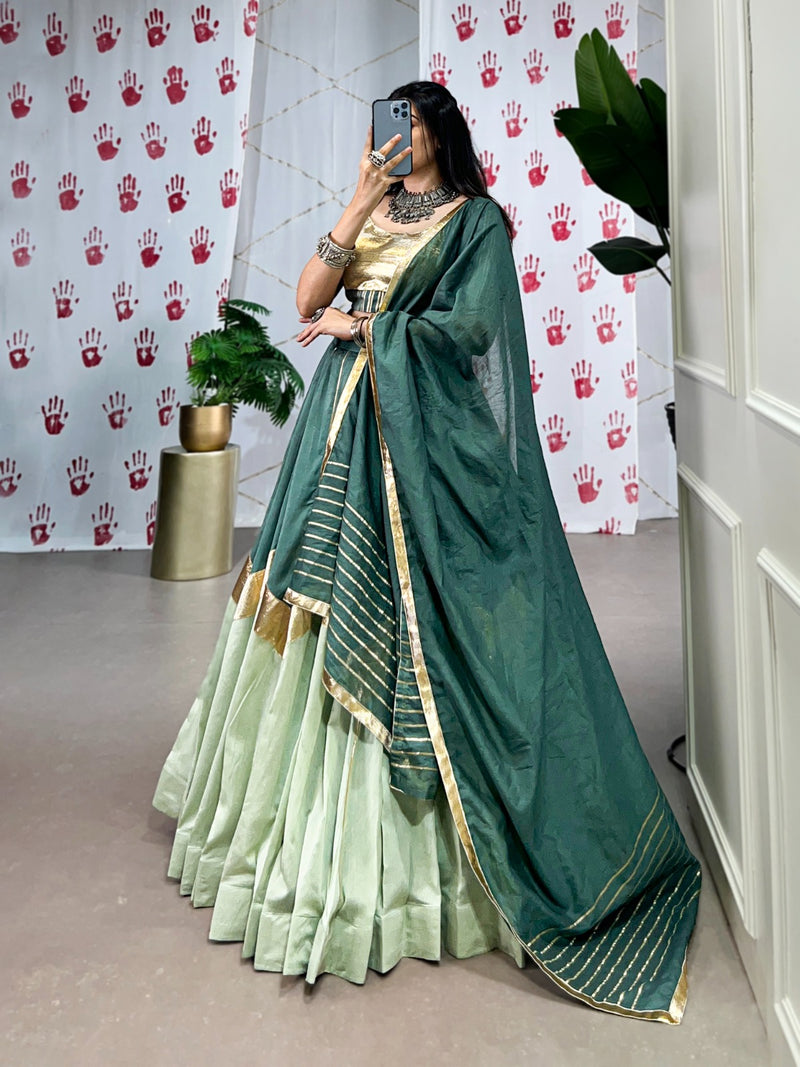 Womenline Pista Green Color Pure Chanderi Navratri Lehenga Choli