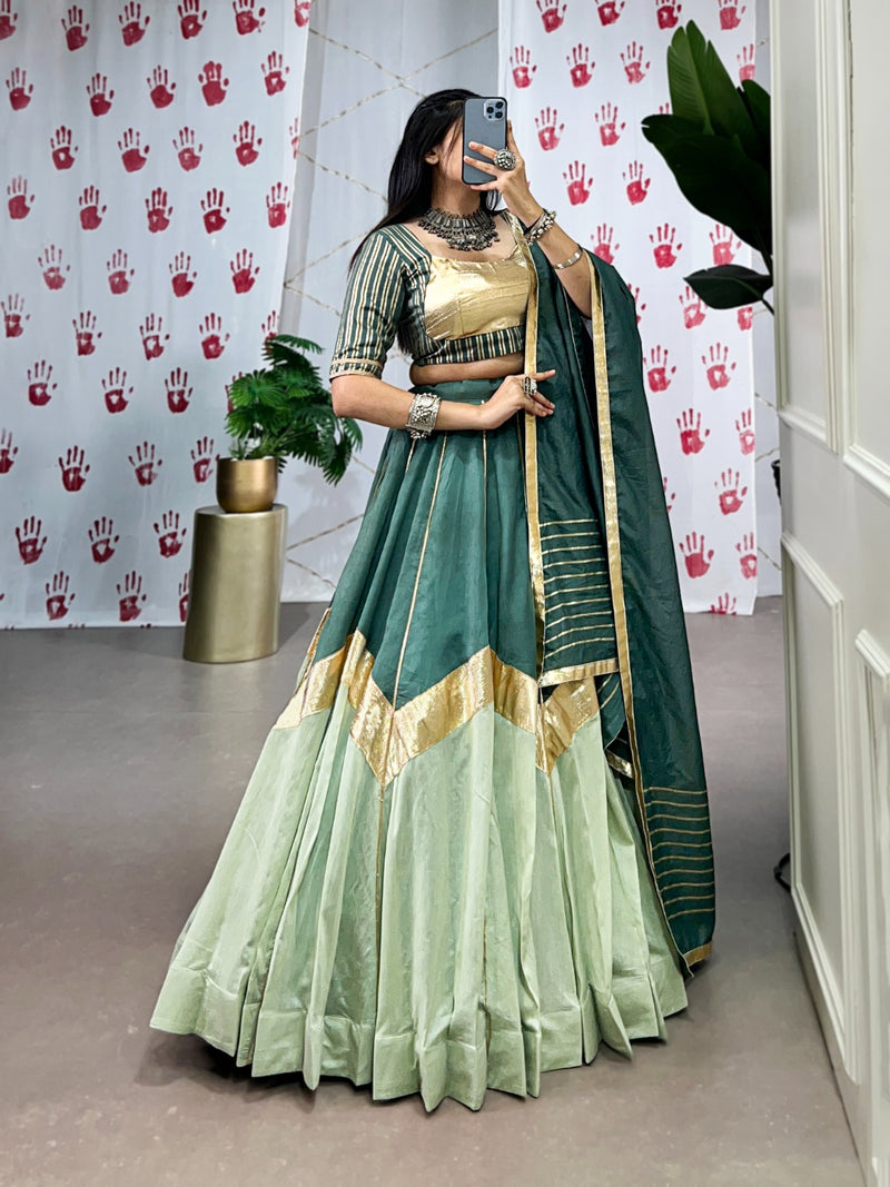 Womenline Pista Green Color Pure Chanderi Navratri Lehenga Choli