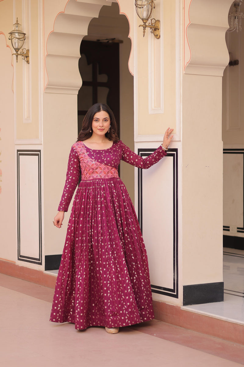 Womenline Premium Maroon Color Jacquard Gown