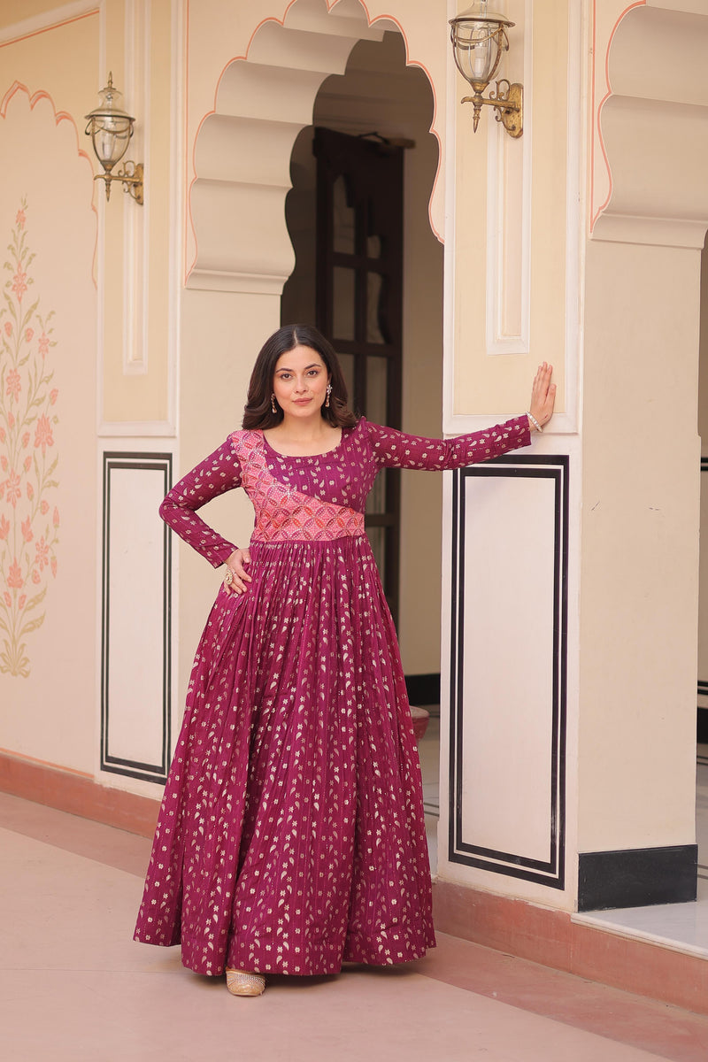 Womenline Premium Maroon Color Jacquard Gown