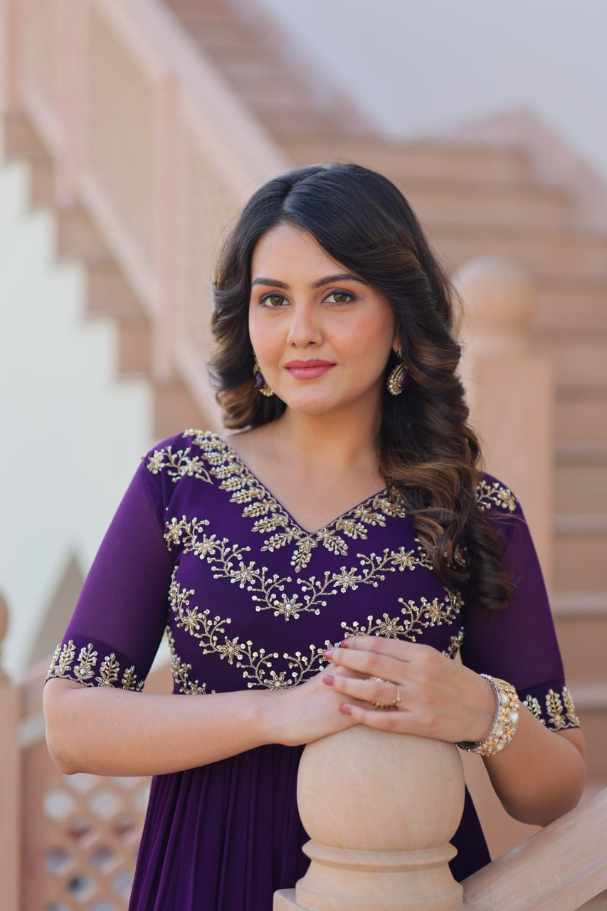 Womenline Purple Color Faux Blooming With Sequins Multithreaded Beads Embroidered work