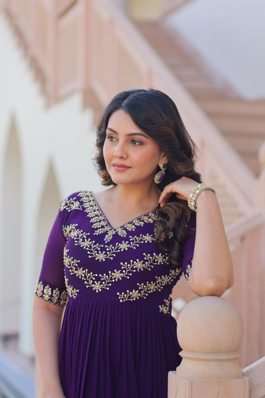 Womenline Purple Color Faux Blooming With Sequins Multithreaded Beads Embroidered work