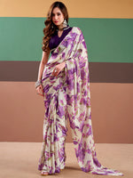Womenline Purple Color Floral Print Satin Silk Saree