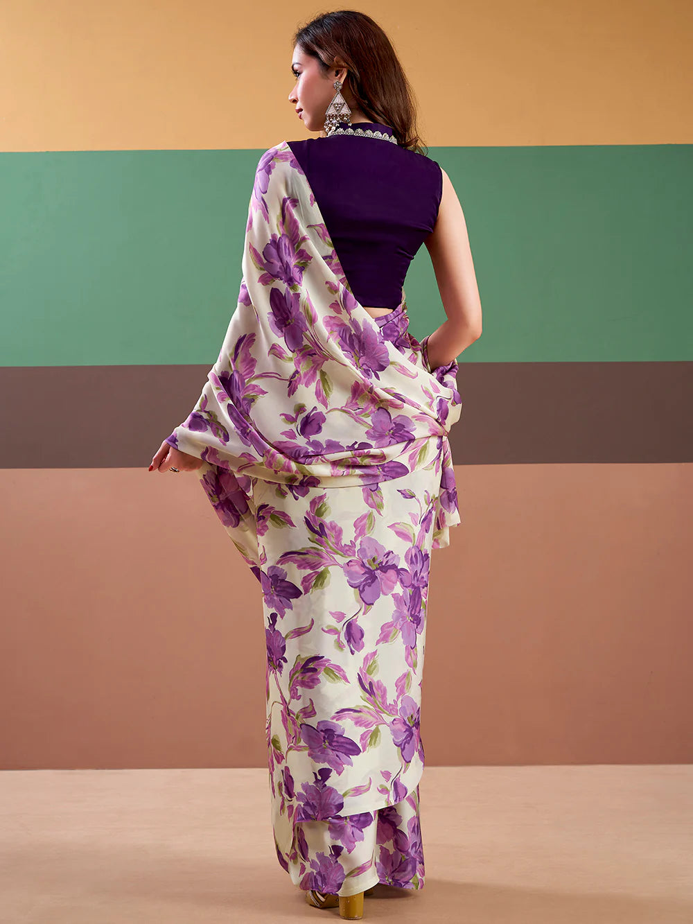 Womenline Purple Color Floral Print Satin Silk Saree