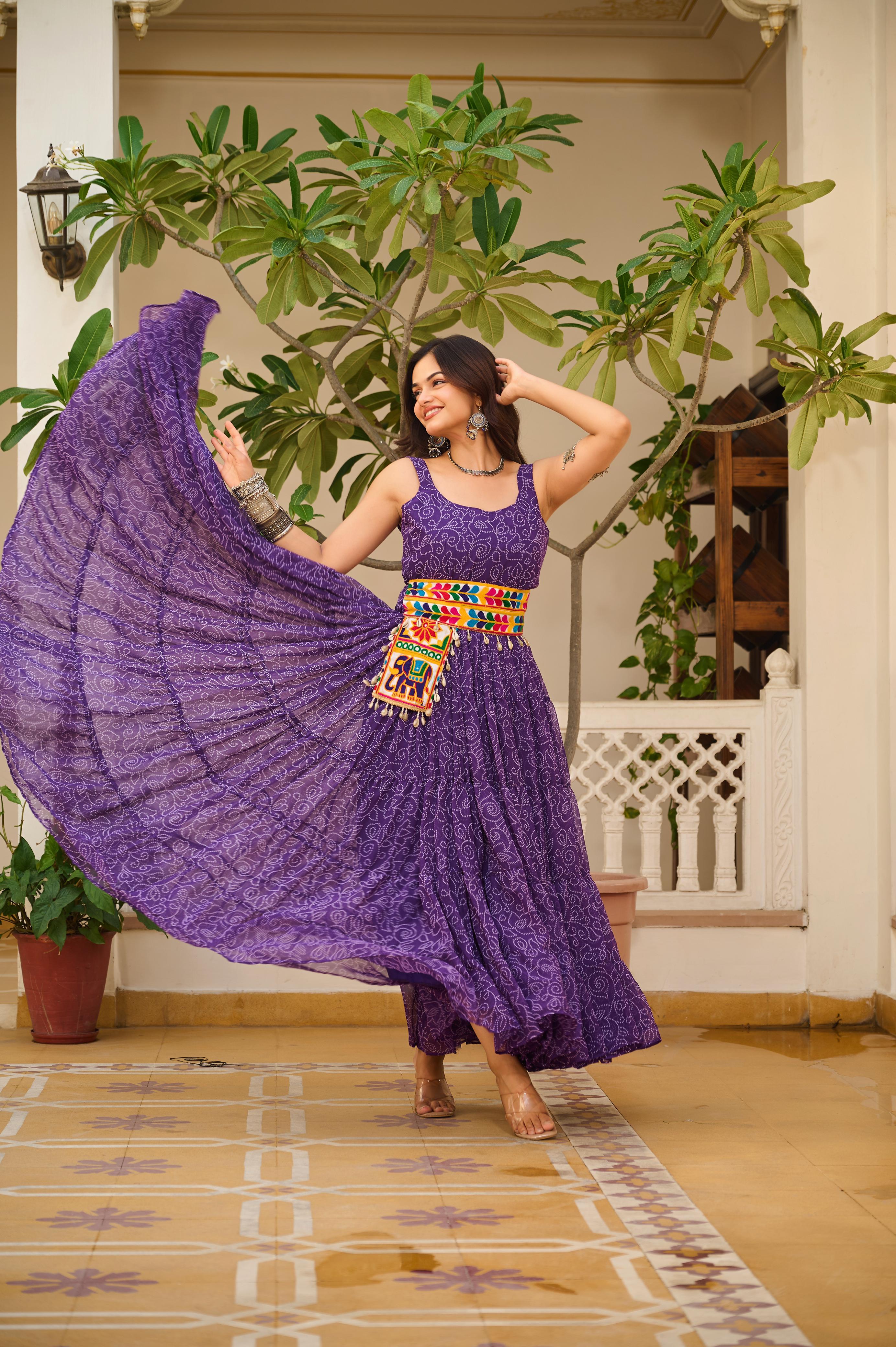 Womenline Purple Color Foux Georgette Print Navratri Gown