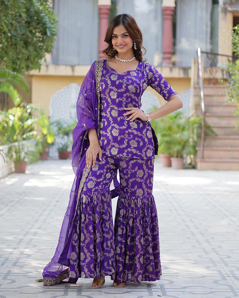Womenline Purple Color Georgette Jacquard Gharara Suit
