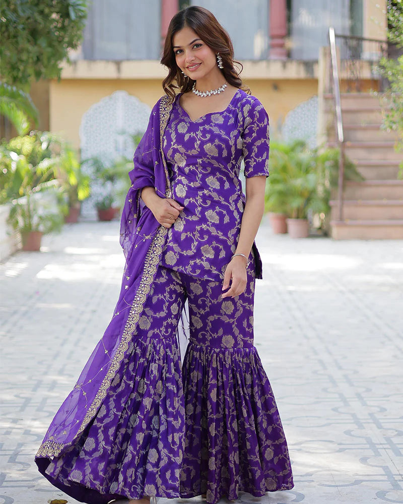 Womenline Purple Color Georgette Jacquard Gharara Suit