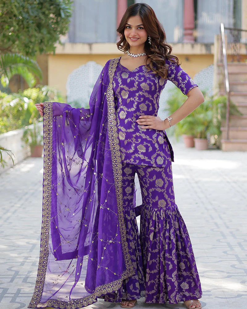Womenline Purple Color Georgette Jacquard Gharara Suit