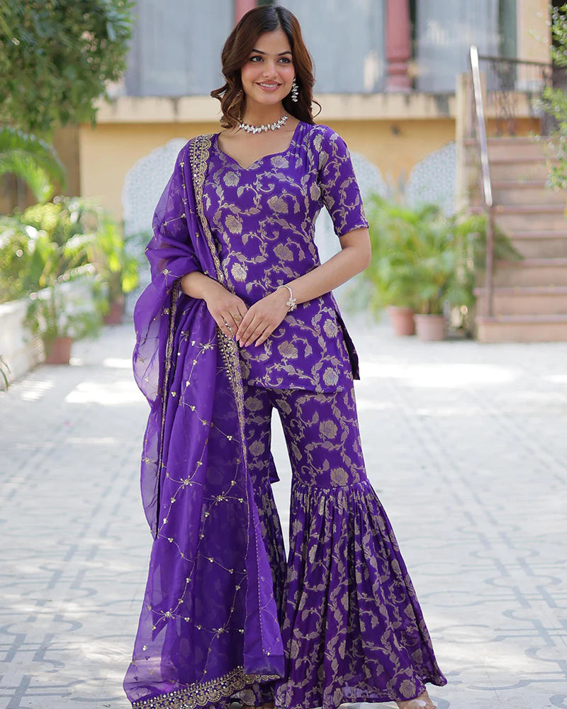 Womenline Purple Color Georgette Jacquard Gharara Suit