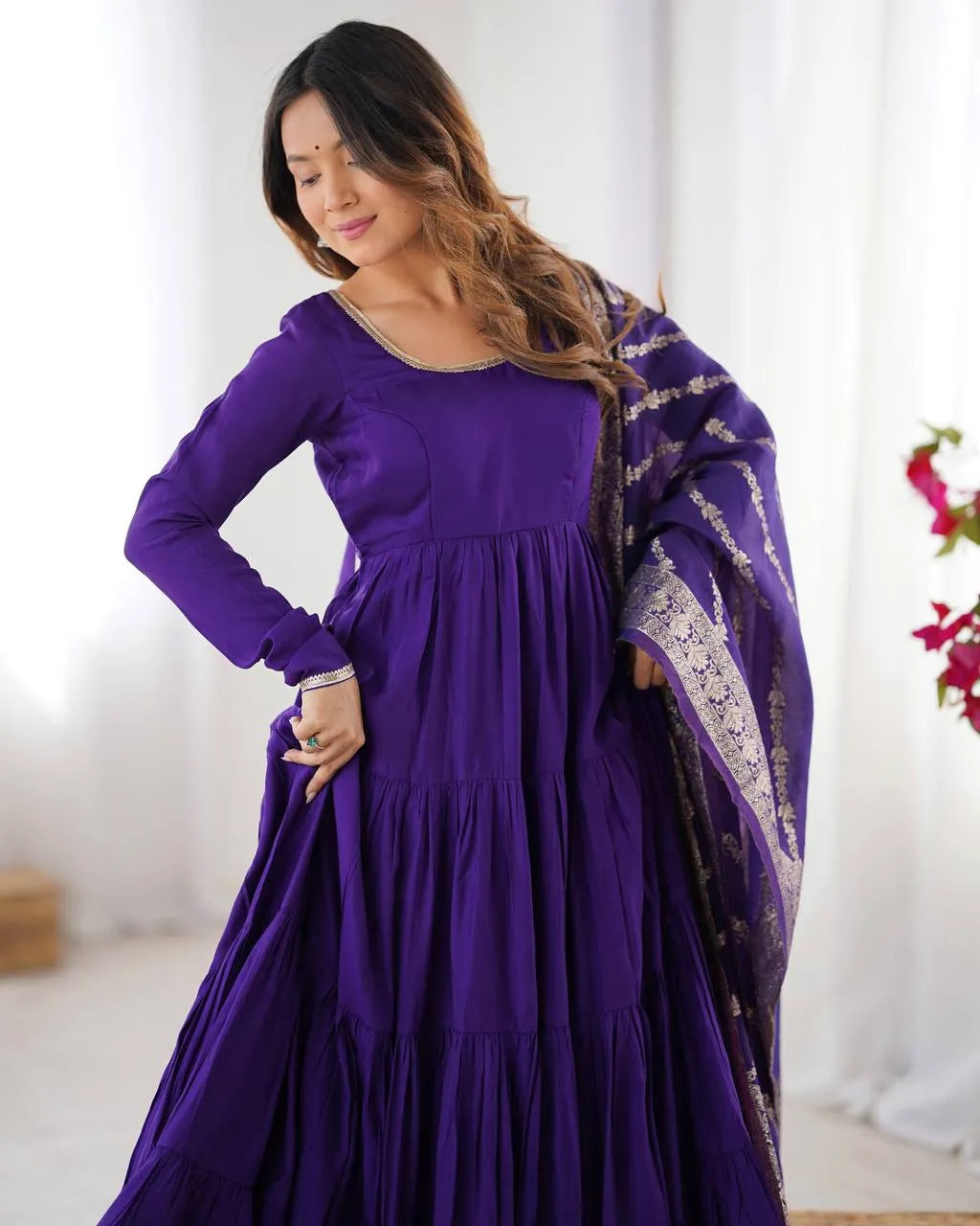 Womenline Purple Color Pure Roman Silk Ruffle Style Anarkali Suit
