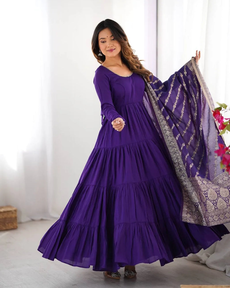 Womenline Purple Color Pure Roman Silk Ruffle Style Anarkali Suit
