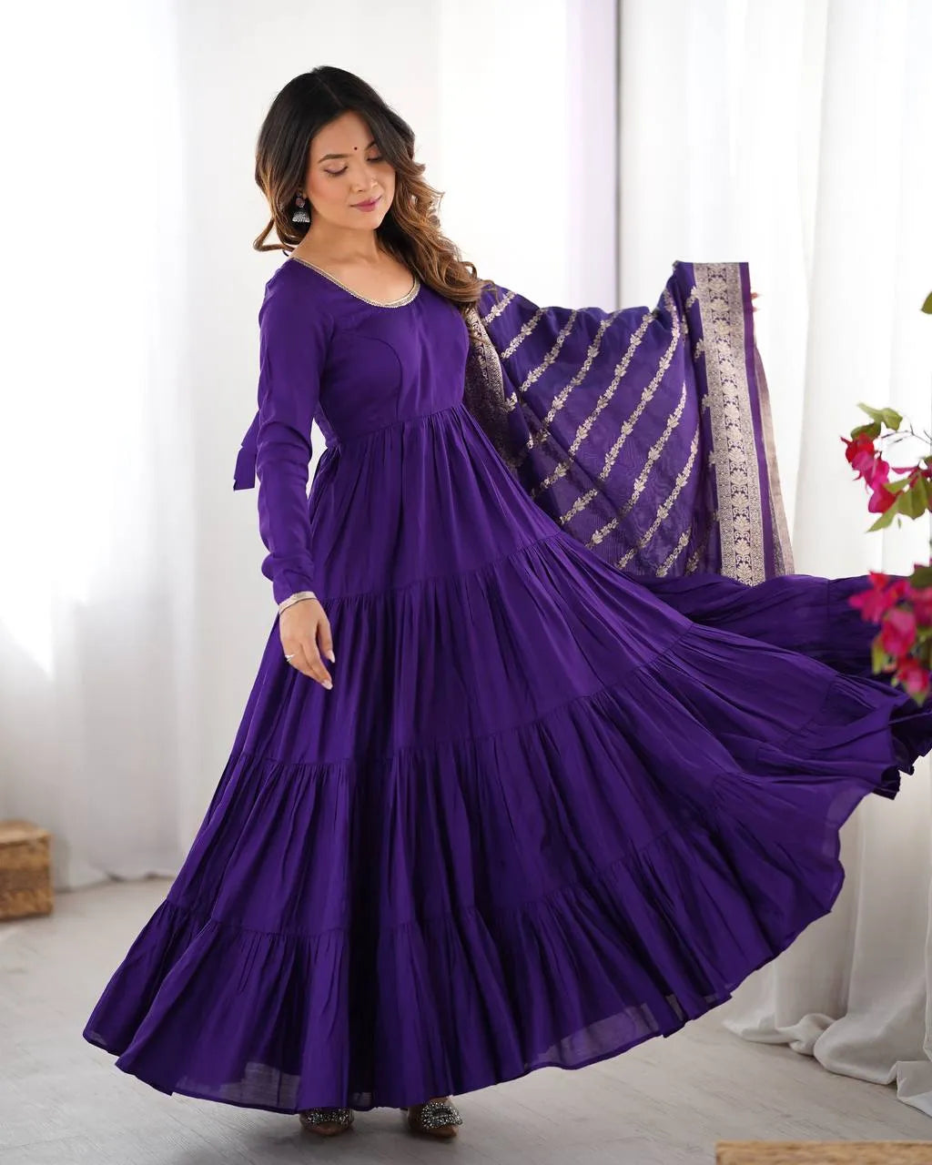 Womenline Purple Color Pure Roman Silk Ruffle Style Anarkali Suit
