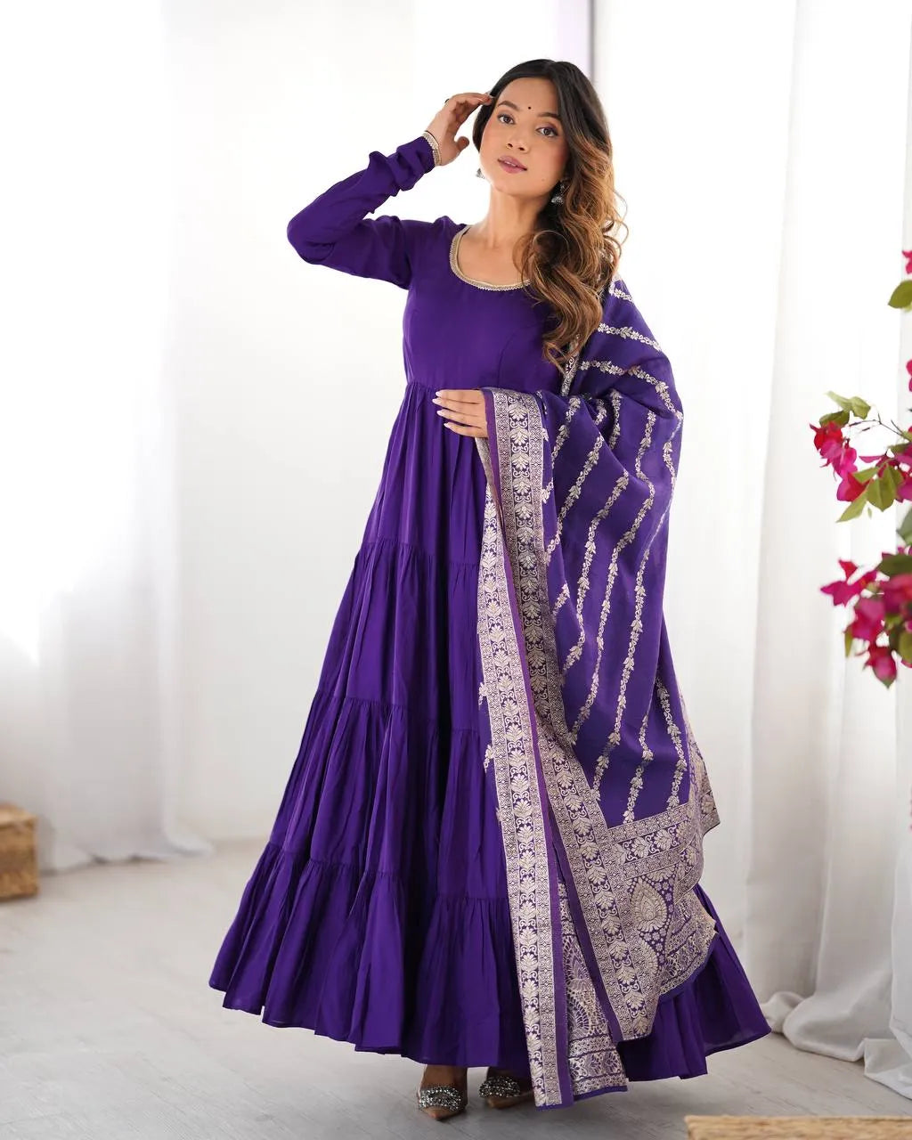 Womenline Purple Color Pure Roman Silk Ruffle Style Anarkali Suit