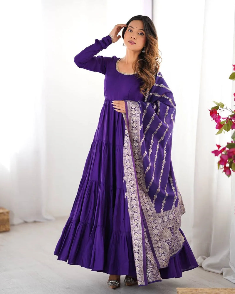 Womenline Purple Color Pure Roman Silk Ruffle Style Anarkali Suit