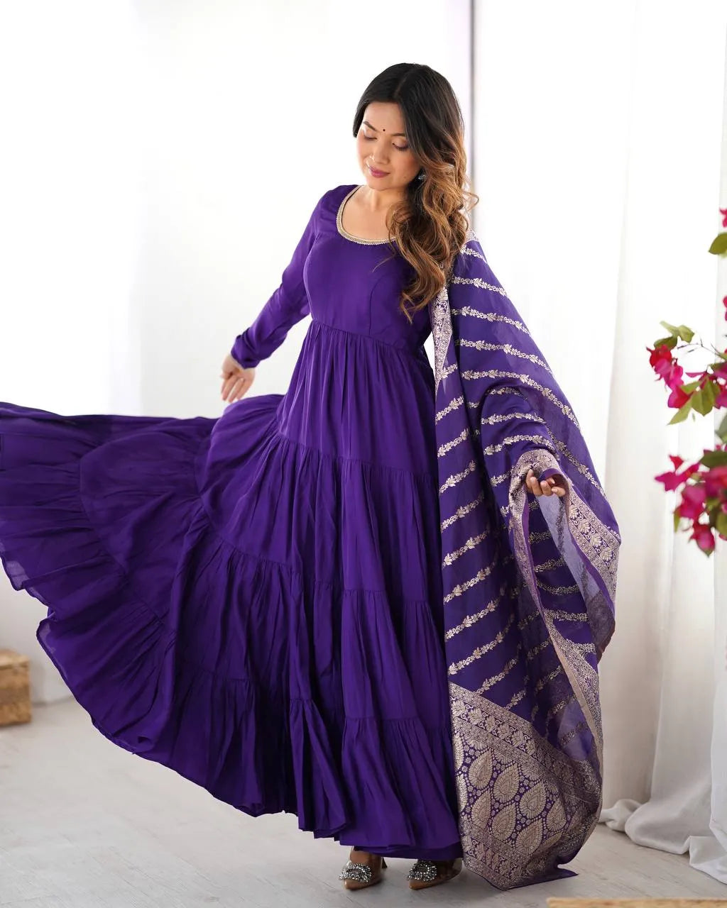 Womenline Purple Color Pure Roman Silk Ruffle Style Anarkali Suit