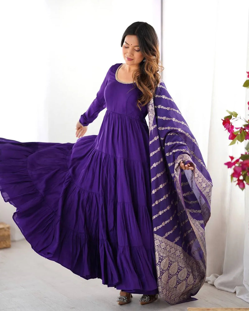 Womenline Purple Color Pure Roman Silk Ruffle Style Anarkali Suit
