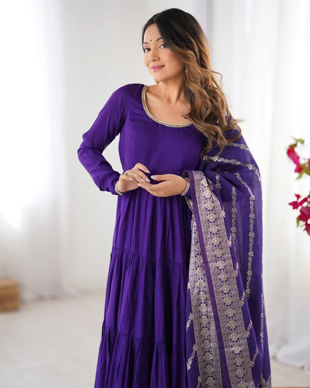 Womenline Purple Color Pure Roman Silk Ruffle Style Anarkali Suit