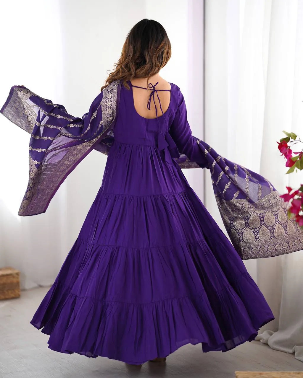 Womenline Purple Color Pure Roman Silk Ruffle Style Anarkali Suit