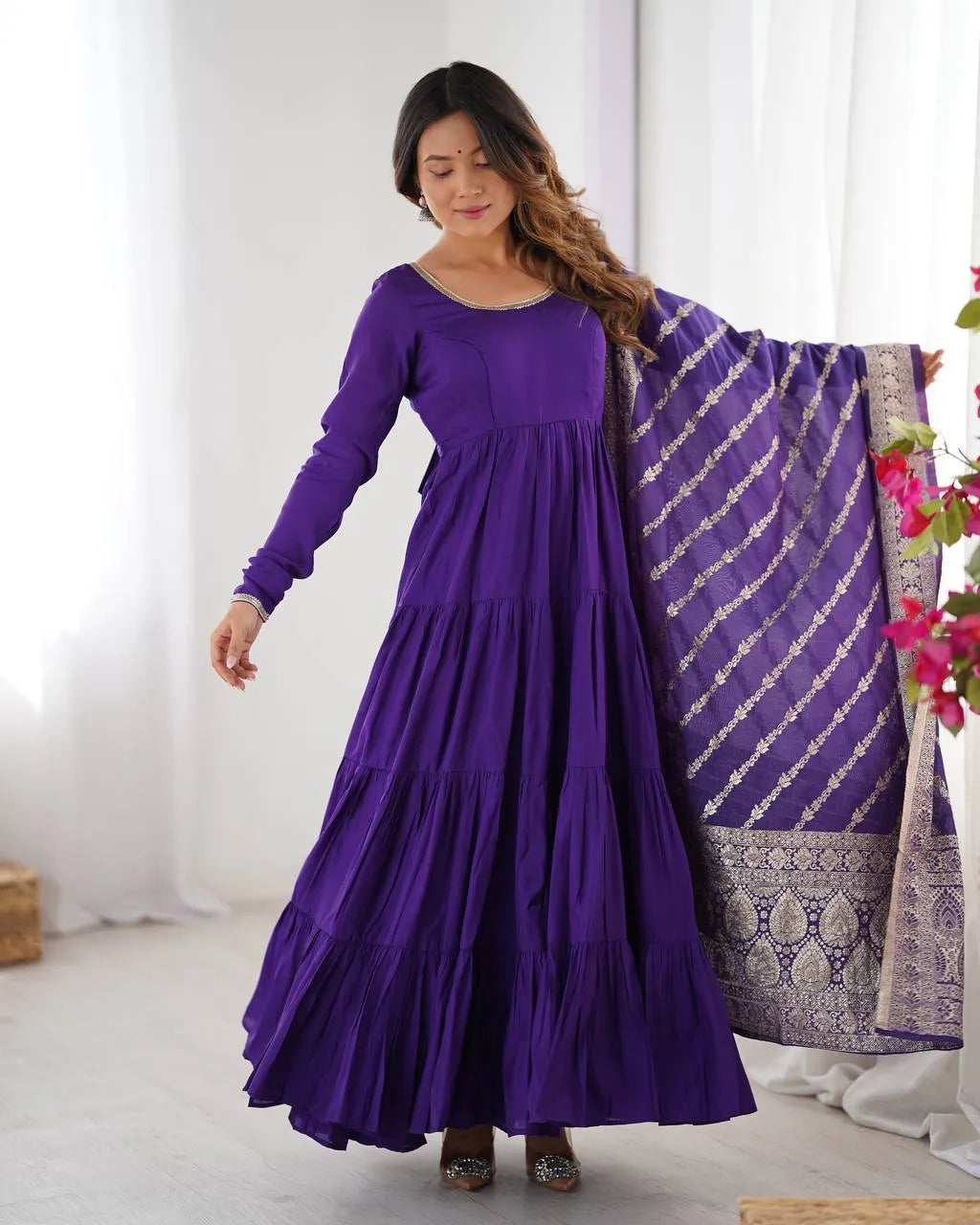 Womenline Purple Color Pure Roman Silk Ruffle Style Anarkali Suit