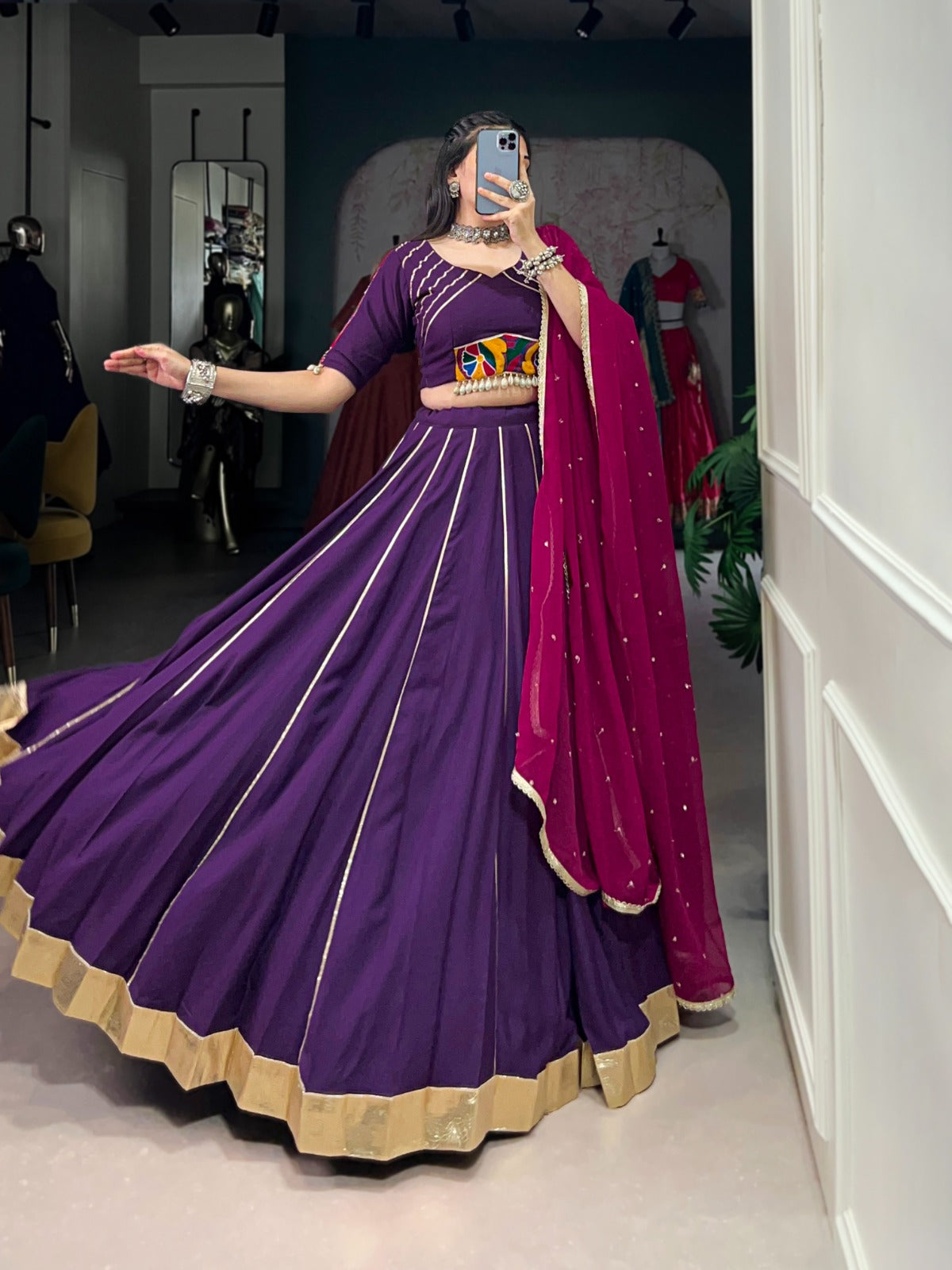 Womenline Purple Color Rayon Embossed Navratri Lehenga Choli
