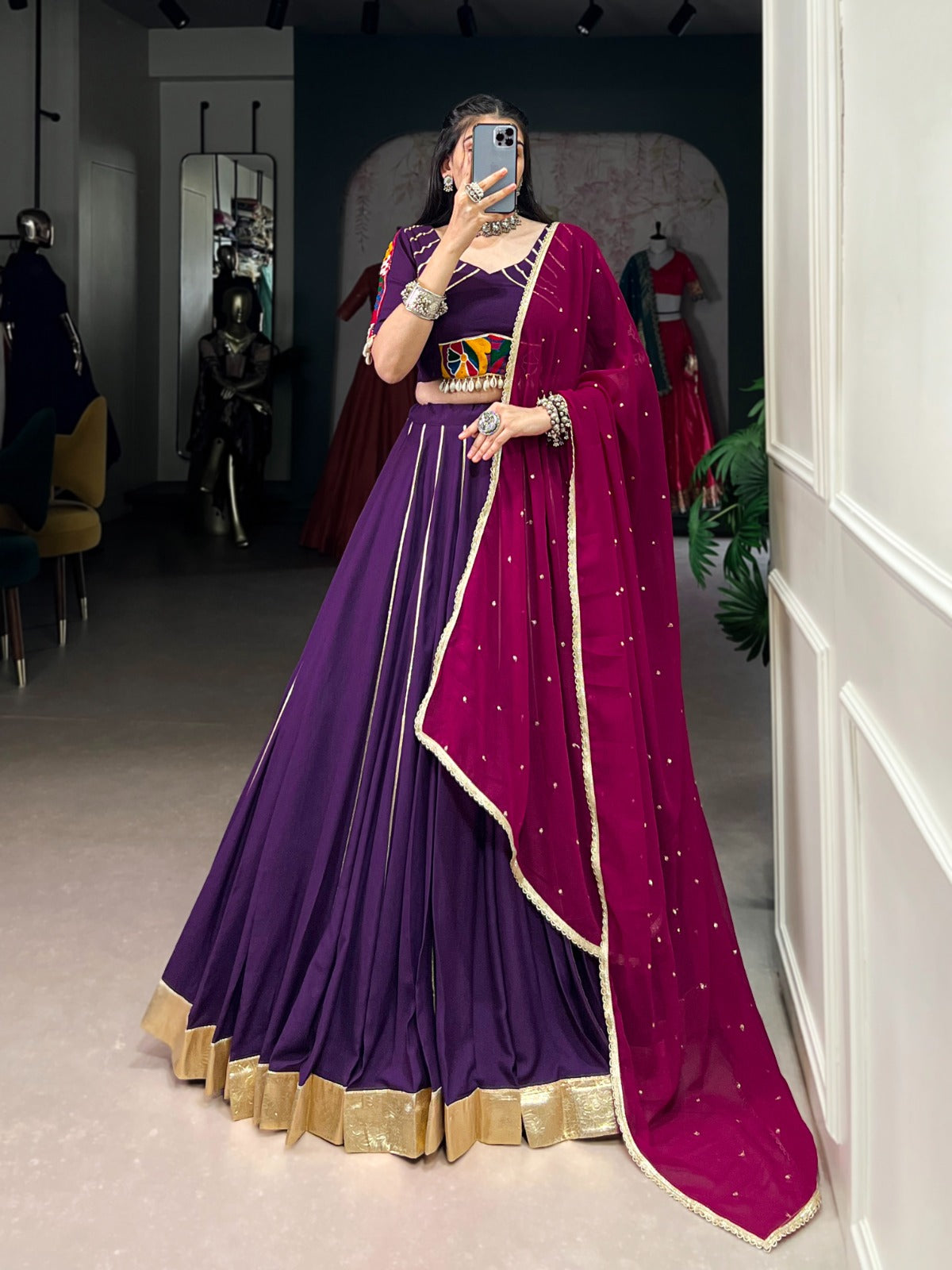 Womenline Purple Color Rayon Embossed Navratri Lehenga Choli