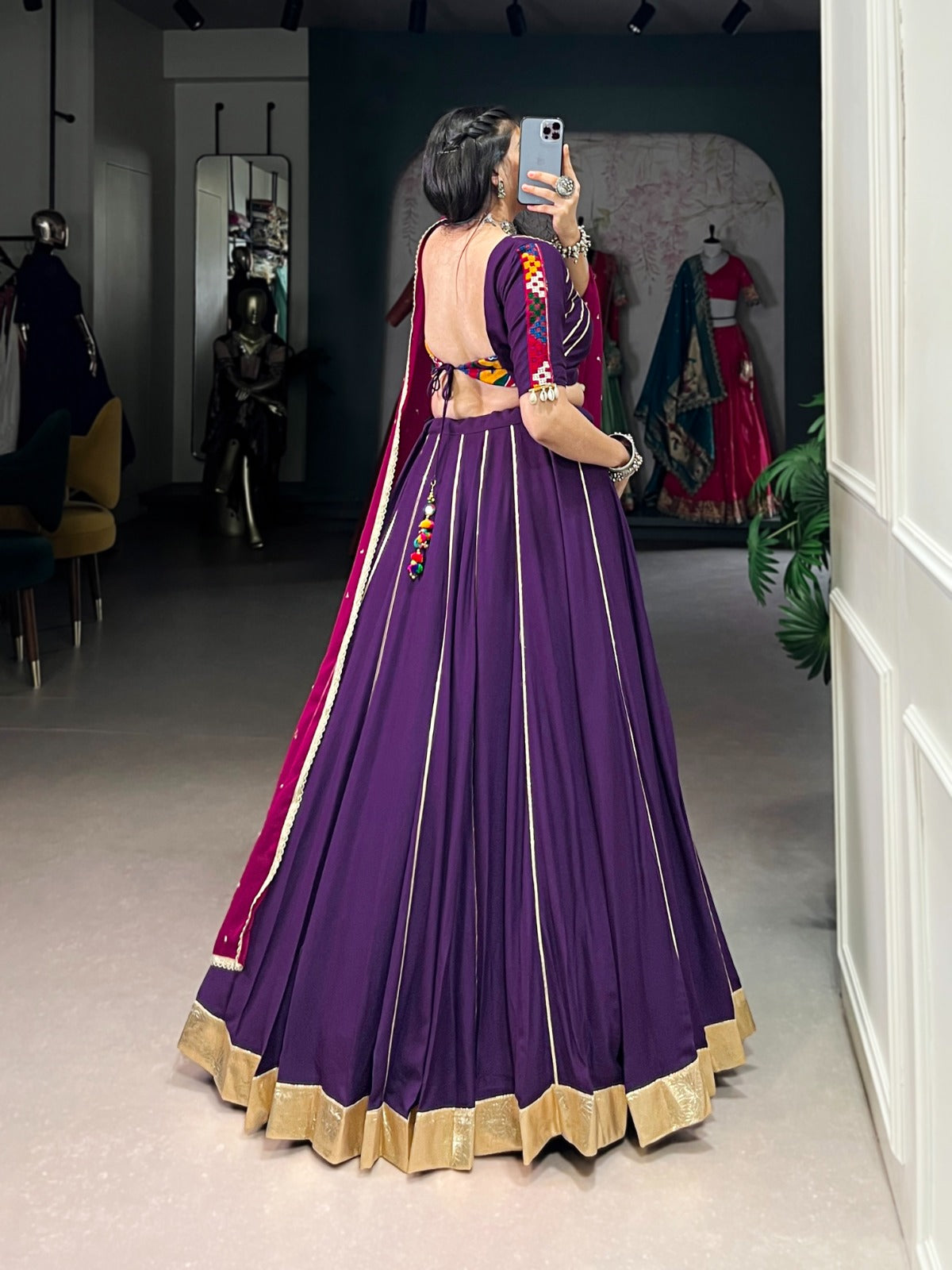 Womenline Purple Color Rayon Embossed Navratri Lehenga Choli