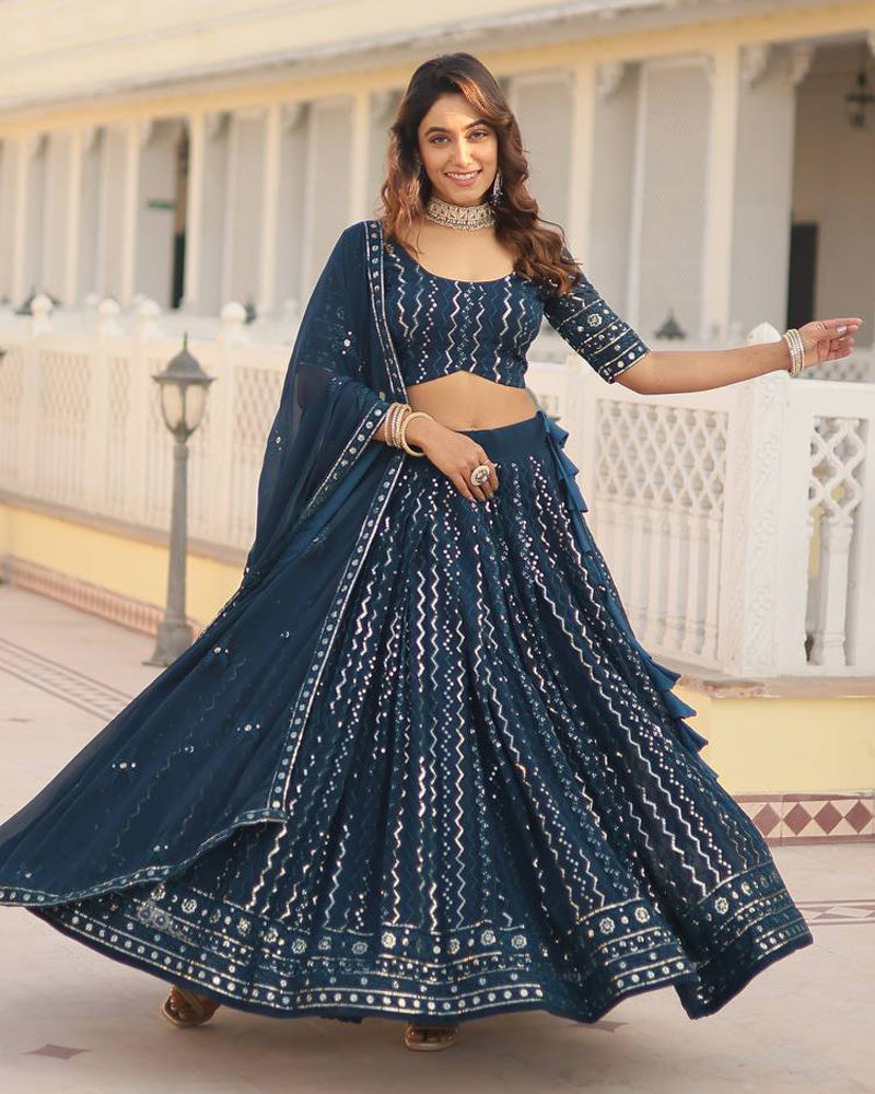 Womenline Rama Color Blooming Soft Georgette Heavy Embroidery Threaded Semi Stitched Lehenga Choli