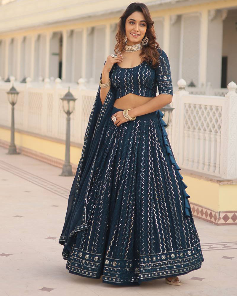 Womenline Rama Color Blooming Soft Georgette Heavy Embroidery Threaded Semi Stitched Lehenga Choli