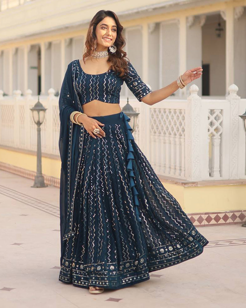 Womenline Rama Color Blooming Soft Georgette Heavy Embroidery Threaded Semi Stitched Lehenga Choli
