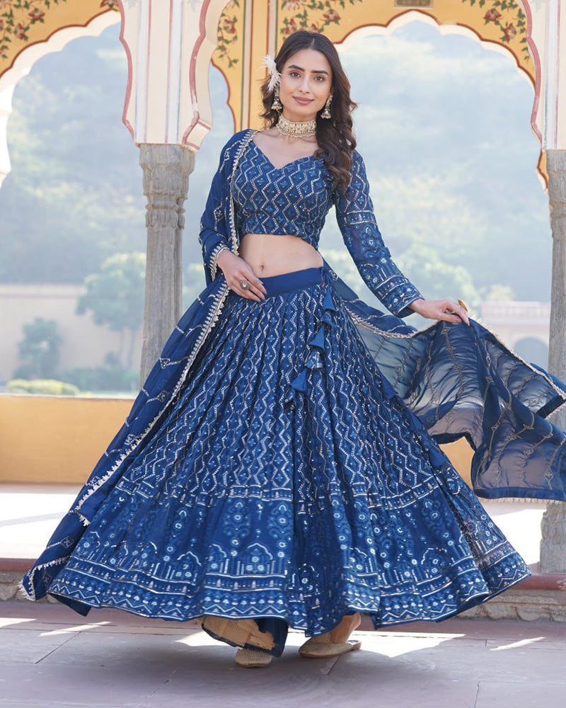 Womenline Rama Color Georgette Heavy Embroidery Threaded Semi Stitched Lehenga Choli