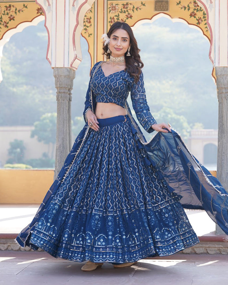 Womenline Rama Color Georgette Heavy Embroidery Threaded Semi Stitched Lehenga Choli