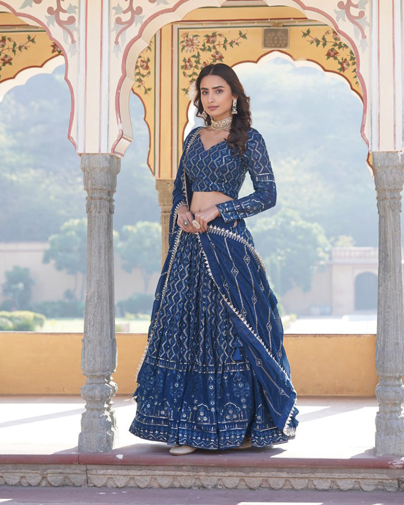 Womenline Rama Color Georgette Heavy Embroidery Threaded Semi Stitched Lehenga Choli