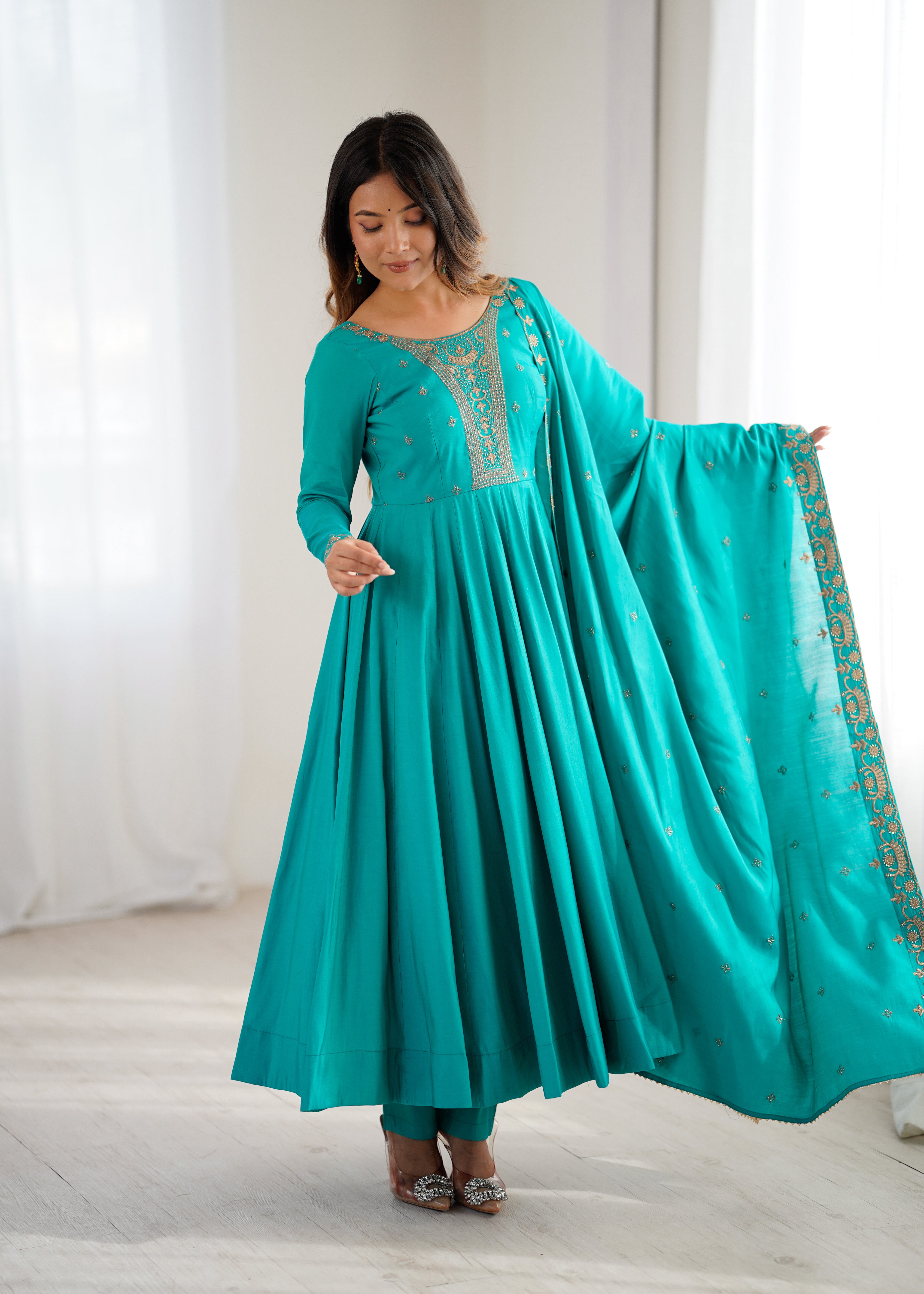 Womenline Rama Color Pure Chanderi Silk Three Piece Anarkali Suit