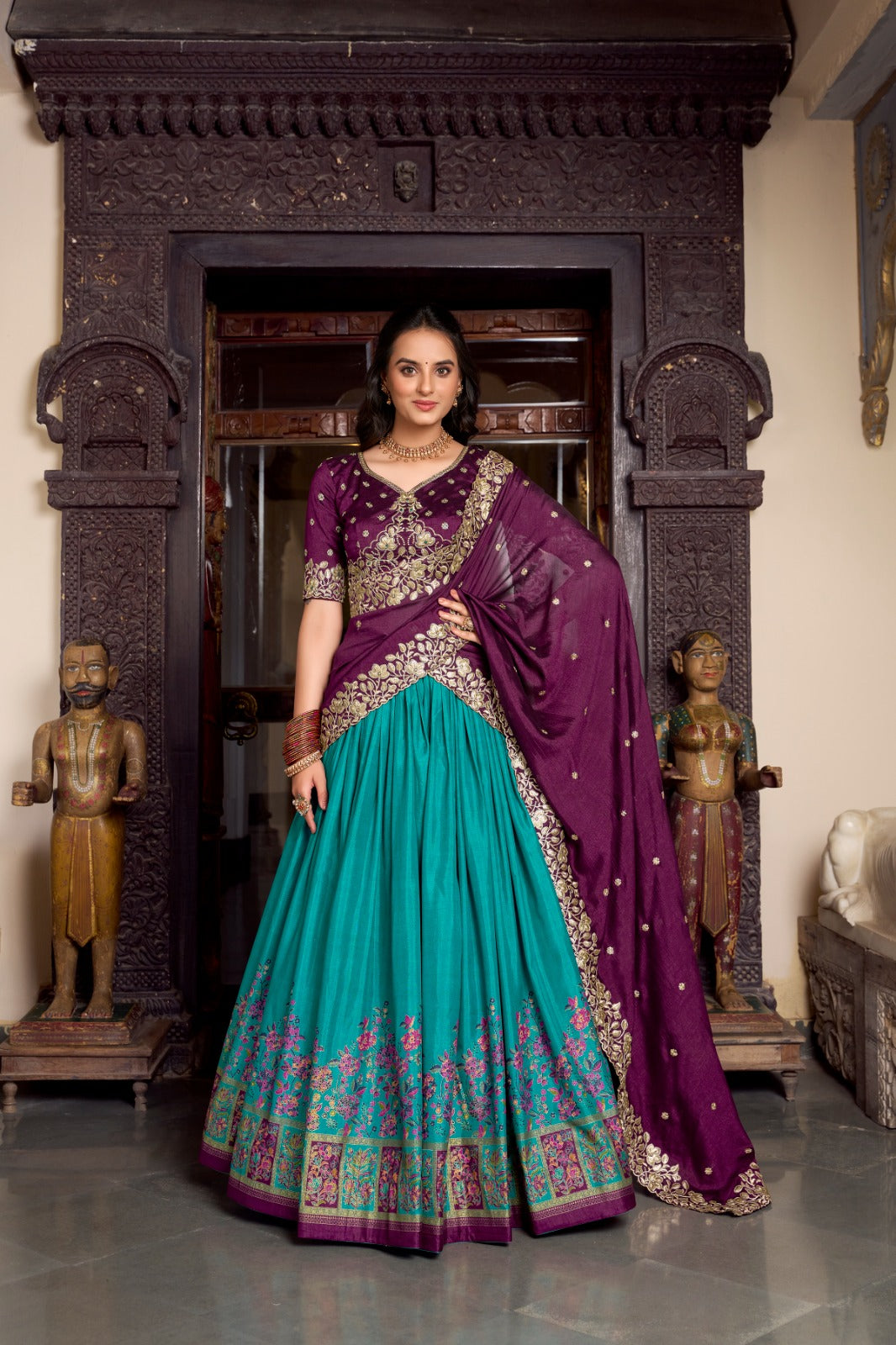 Womenline Rama Color Tussar Silk Lehenga Choli