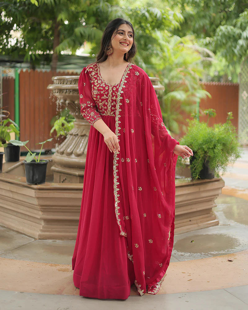 Womenline Rani Pink Color Faux Blooming Multi Embroidered Work Gown