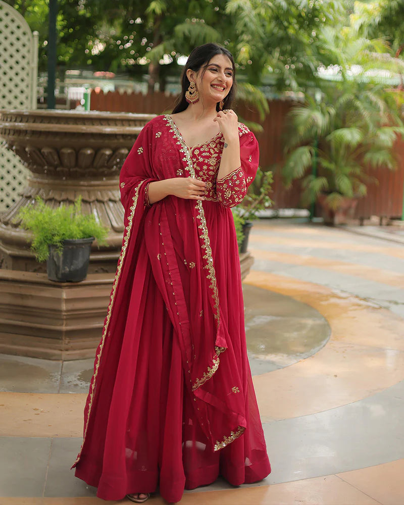 Womenline Rani Pink Color Faux Blooming Multi Embroidered Work Gown