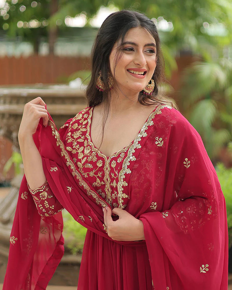 Womenline Rani Pink Color Faux Blooming Multi Embroidered Work Gown
